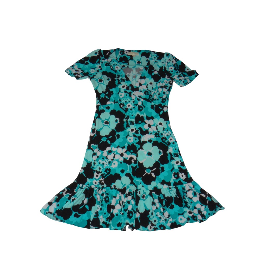 Michael Kors Turquoise Black Floral Ruffle Hem Faux Wrap Dress Small 4277